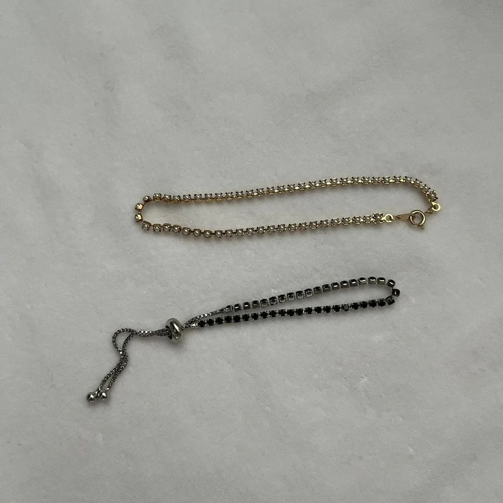 Black Pearl Tennis Lot 2 Bracelet Set Black Silver Gold Tone Faux Pearl Delicate